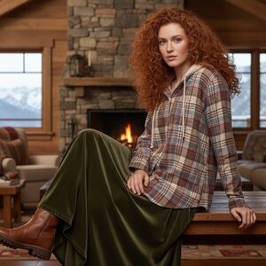 American Eagle Brown Flannel Plaid Hoodie High Low Shirt Top Size M